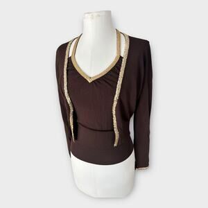 Vintage Y2K bebe Halter Top & Cardigan Set with Gold Chain Trim Brown Sz S/M